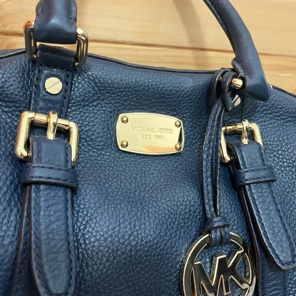 Michael Kors Bedford Belted DARK BLUE Pebbled Leather Satchel Shoulder Bag - Picture 3 of 13